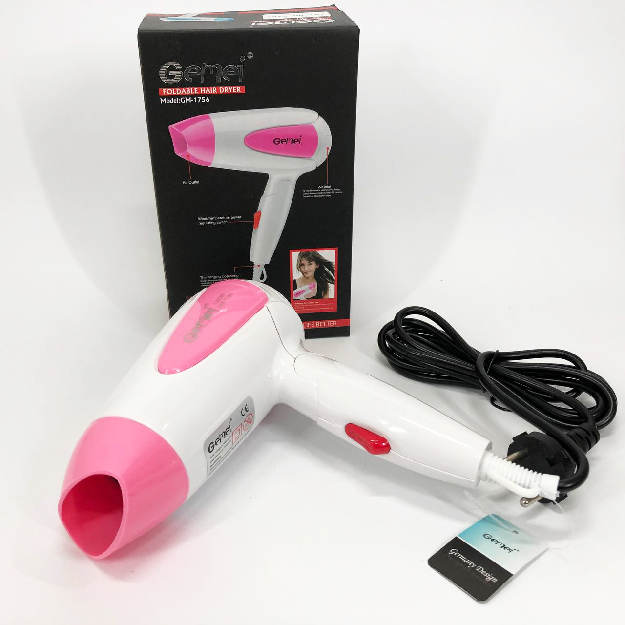 Дорожний фен Gemei GM-1756 1200 Вт — складний, компактний