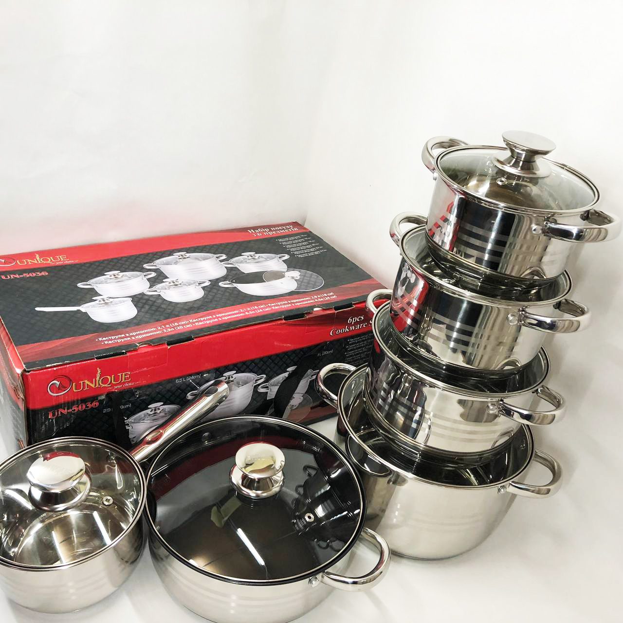 Набір посуду UNIQUE UN-5036 з нержавіючої сталі з товстим 5-ти шаровим дном з скляними склянками 12 предметів — изображение 8