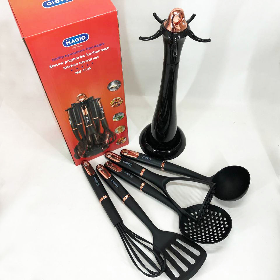 Набір кухонних приладів Magio MG-1125, набір поварешок на підставці, набір силіконових приладів для кухні — изображение 2
