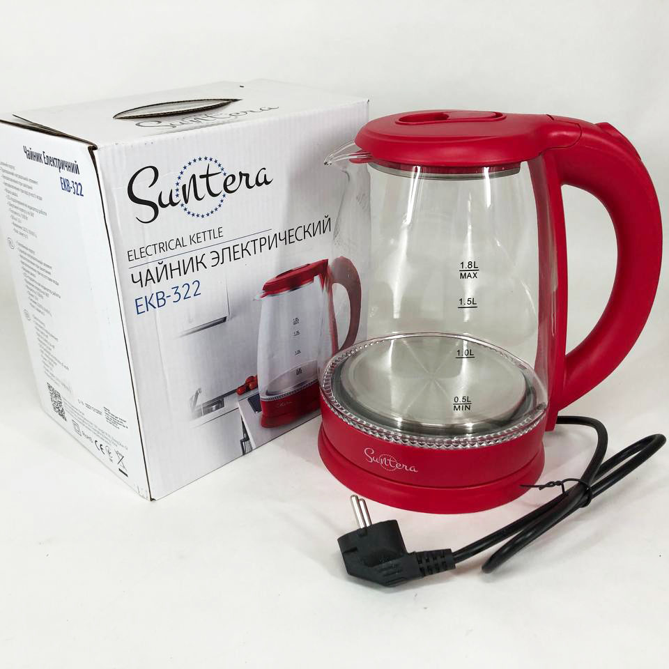 Електрочайник Suntera EKB-322R 1500 Вт, чайники з підсвічуванням, електрочайники з підсвічуванням. Колір: червоний