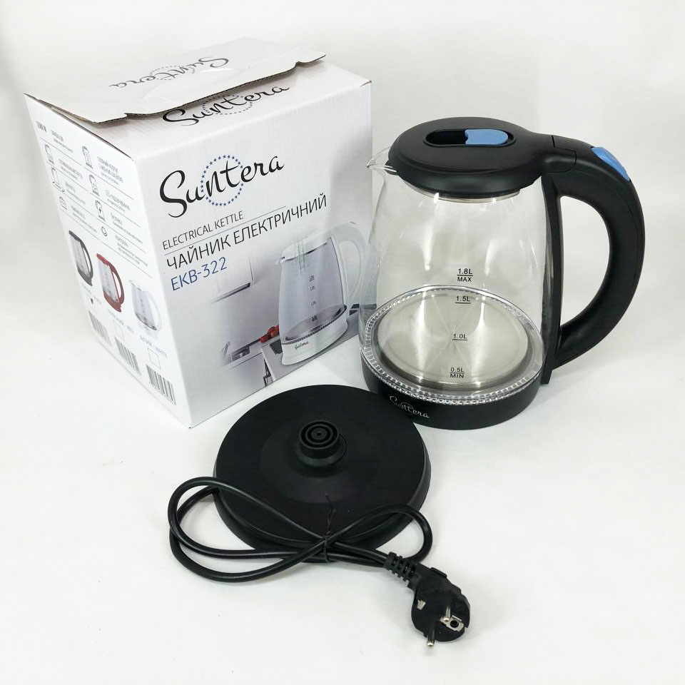 Скляний електричний чайник із підсвічуванням Suntera EKB-322B 1500 Вт чайники із підсвічуванням. Колір: чорний — изображение 7