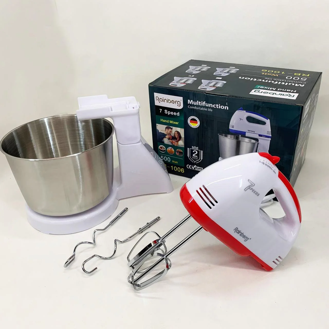 Стаціонарний електричний міксер Rainberg RB-1006 500W з насадками для замішування теста - Зображення 2
