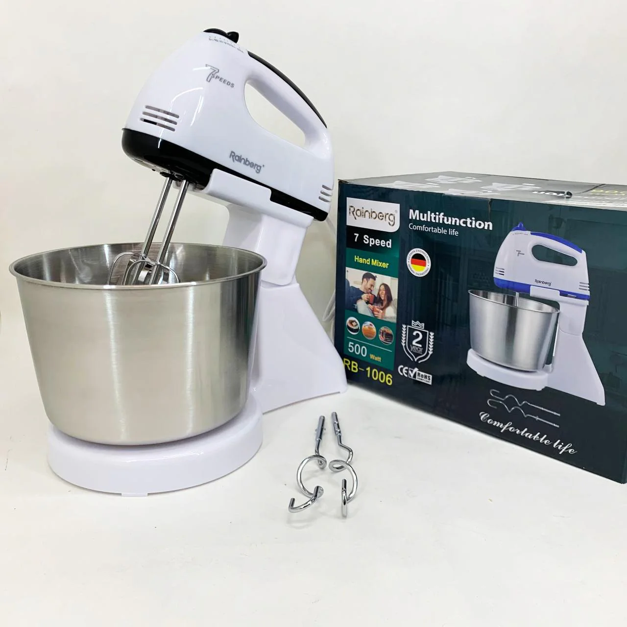 Стаціонарний електричний міксер Rainberg RB-1006 500W з насадками для замішування теста - Зображення 3