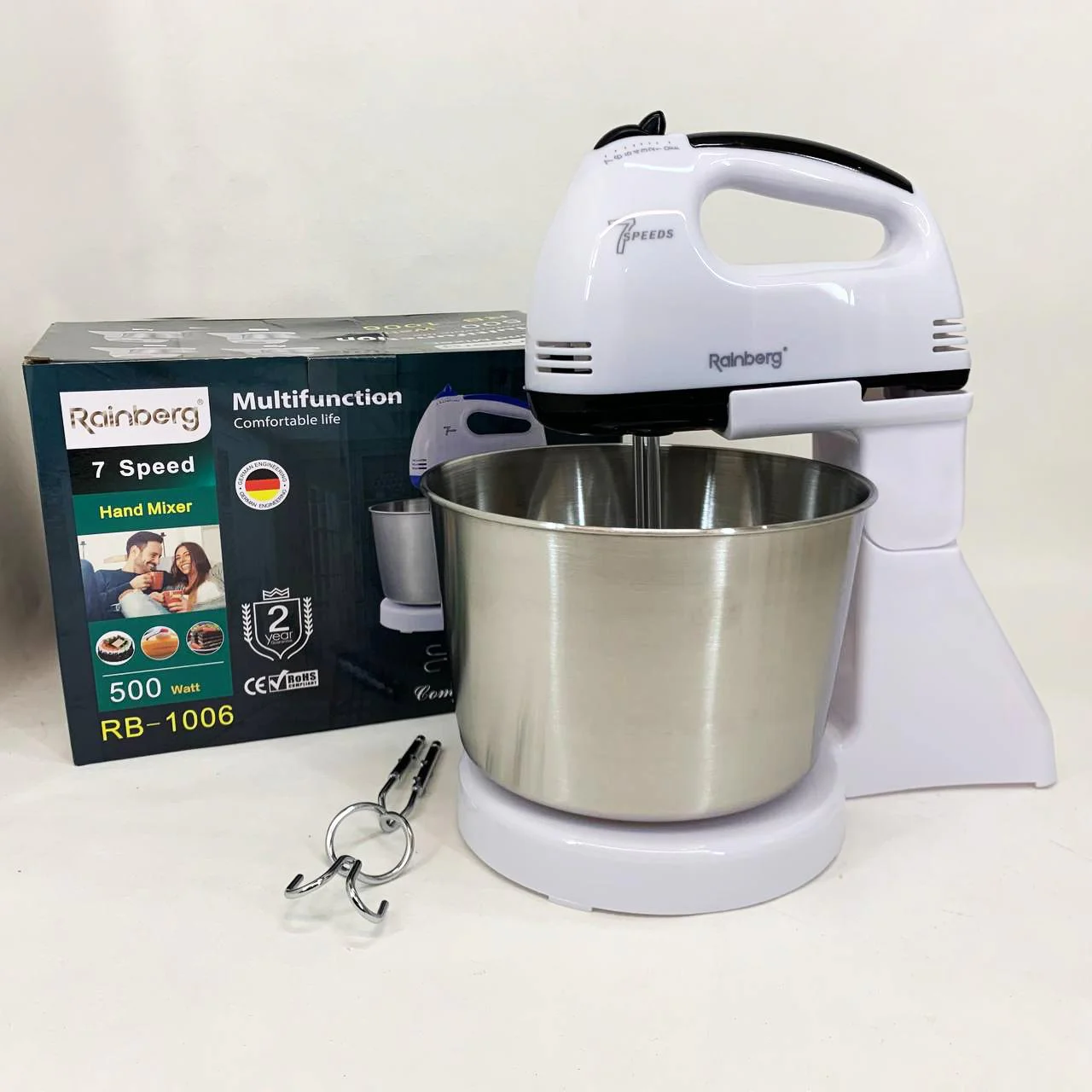 Стаціонарний електричний міксер Rainberg RB-1006 500W з насадками для замішування теста - Зображення 6