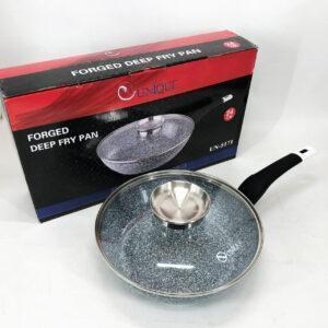 Глибока сковорода-вок Unique UN-5171 24 см з кришкою та гранітним антипригарним покриттям світлий граніт