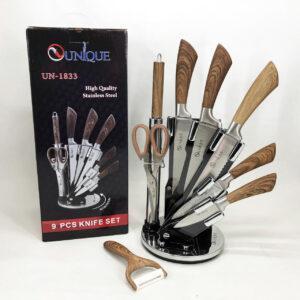 Набір кухонних ножів Unique UN-1833 із нержавіючої сталі 9 предметів на підставці з мусатом та ножицями