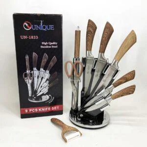 Набір кухонних ножів Unique UN-1833 із нержавіючої сталі 9 предметів на підставці з мусатом та ножицями