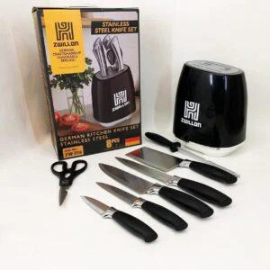 Набір кухонних ножів Rainberg RB-2330 Black із нержавіючої сталі 8 предметів на підставці з мусатом та ножицями