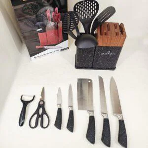 Набір кухонних ножів Edenberg EB-11098 Black 12 предметів з нержавіючої сталі на стійці з кухонним приладдям