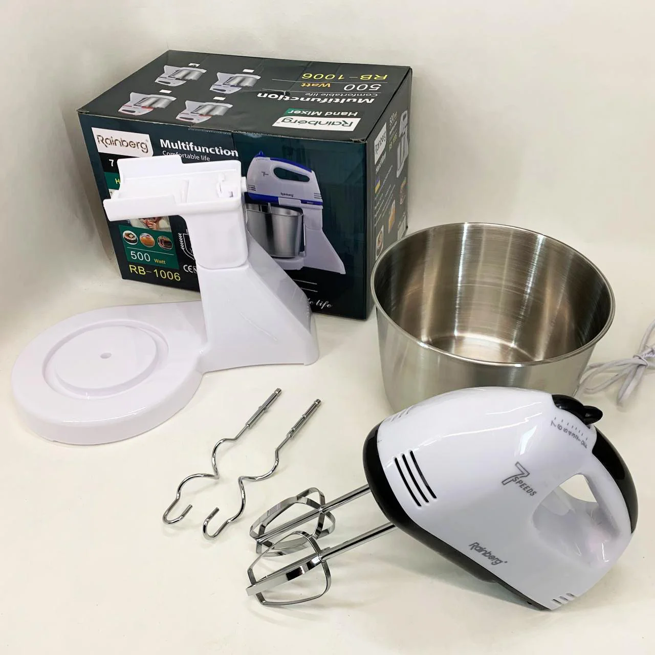 Стаціонарний електричний міксер Rainberg RB-1006 500W з насадками для замішування теста - Зображення 2