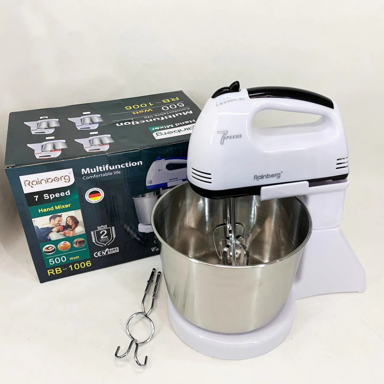 Стаціонарний електричний міксер Rainberg RB-1006 500W з насадками для замішування теста - Зображення 7