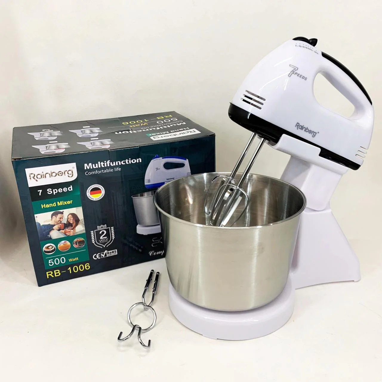 Стаціонарний електричний міксер Rainberg RB-1006 500W з насадками для замішування теста