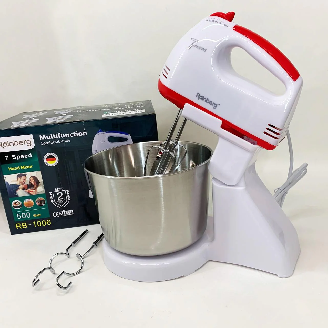 Стаціонарний електричний міксер Rainberg RB-1006 500W з насадками для замішування теста - Зображення 6