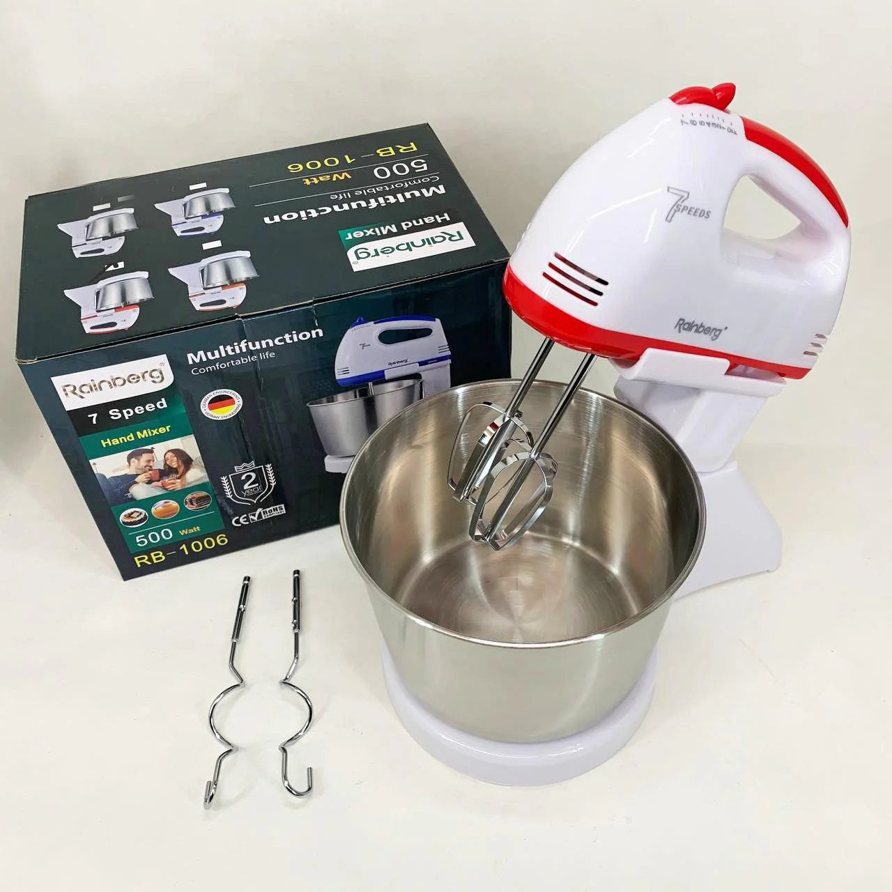 Стаціонарний електричний міксер Rainberg RB-1006 500W з насадками для замішування теста - Зображення 5