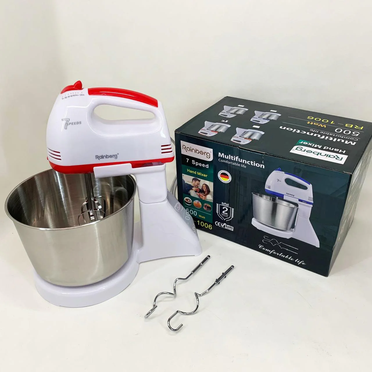 Стаціонарний електричний міксер Rainberg RB-1006 500W з насадками для замішування теста - Зображення 4