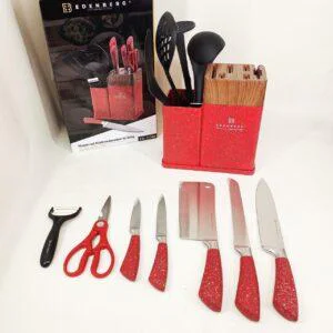 Набір кухонних ножів Edenberg EB-11098 Червоний 12 предметів з нержавіючої сталі на стійці з кухонним приладдям