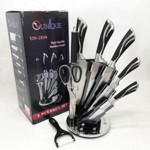 Набір кухонних ножів Unique UN-1834 із нержавіючої сталі 9 предметів на акриловій підставці, що обертається
