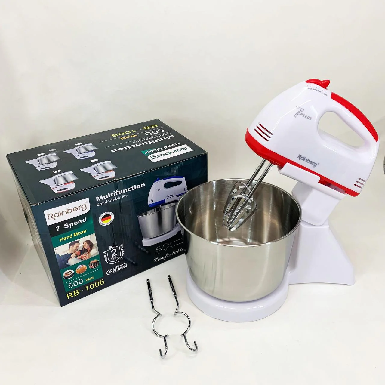 Стаціонарний електричний міксер Rainberg RB-1006 500W з насадками для замішування теста - Зображення 3