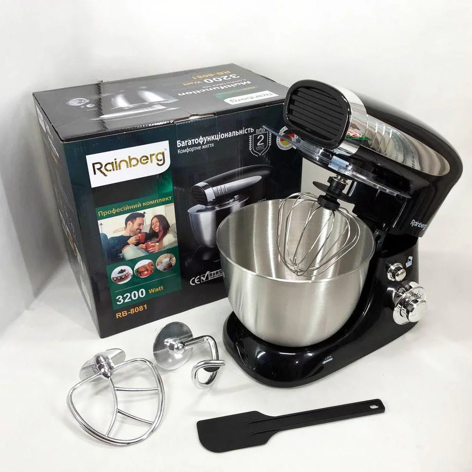 Тестоміс Rainberg RB-8081 планетарний кухонний комбайн 3200 Вт з нержавіючою чашею