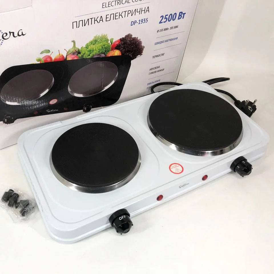 Плитка електрична Suntera DP-1935W з 2 конфорками для швидкого приготування їжі в будь-яких умовах.