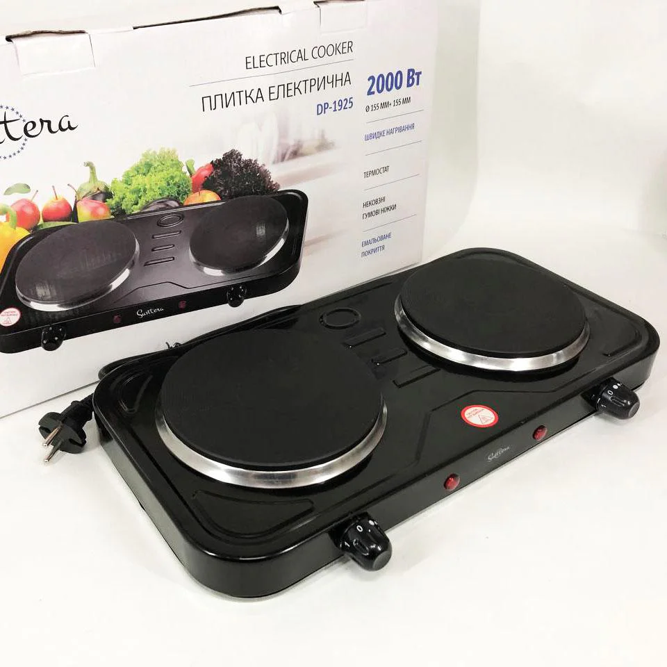 Плита електрична Suntera DP-1925 з двома конфорками для швидкого приготування їжі.