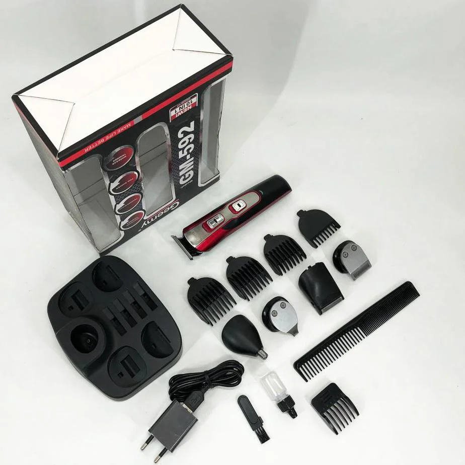 Набір для стрижки 10в1 Gemei GM-592 мультифункціональний тример з підставкою, машинка для стрижки бороди вус носа вух турборежим чорна - Зображення 7