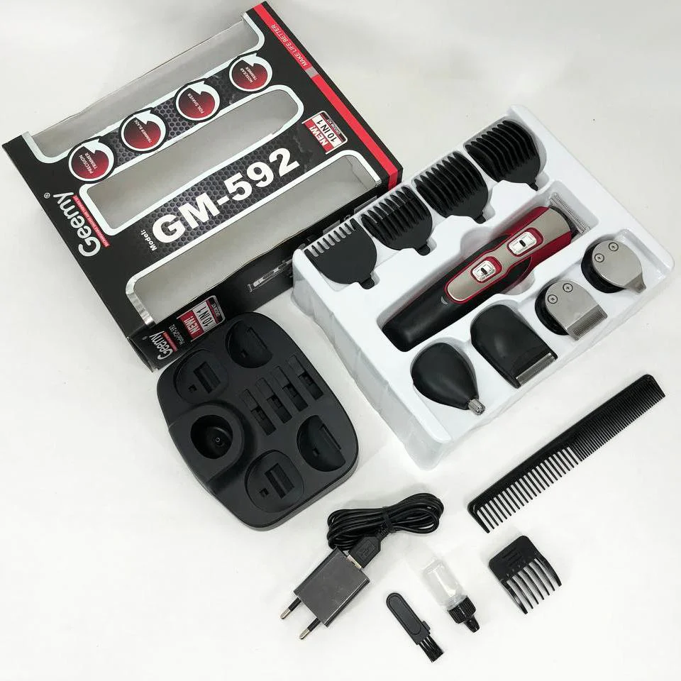 Набір для стрижки 10в1 Gemei GM-592 мультифункціональний тример з підставкою, машинка для стрижки бороди вус носа вух турборежим чорна - Зображення 8