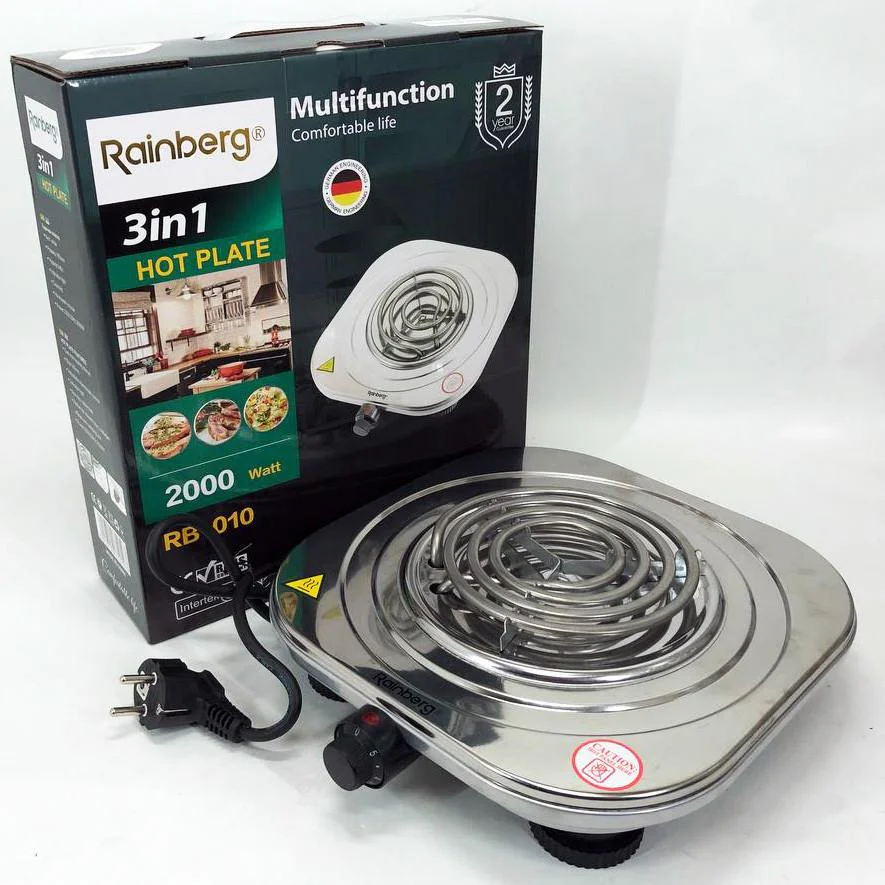 Електроплита Rainberg RB-010 спіральна — компактна плита для кухні з потужністю 2000 Вт.