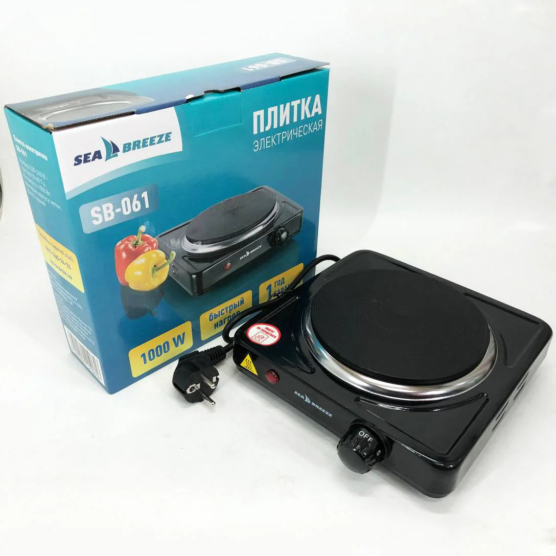 Настільна плита електрична Sea Breeze SB-061 1000 Вт, компактна переносна для зручності на кухні.