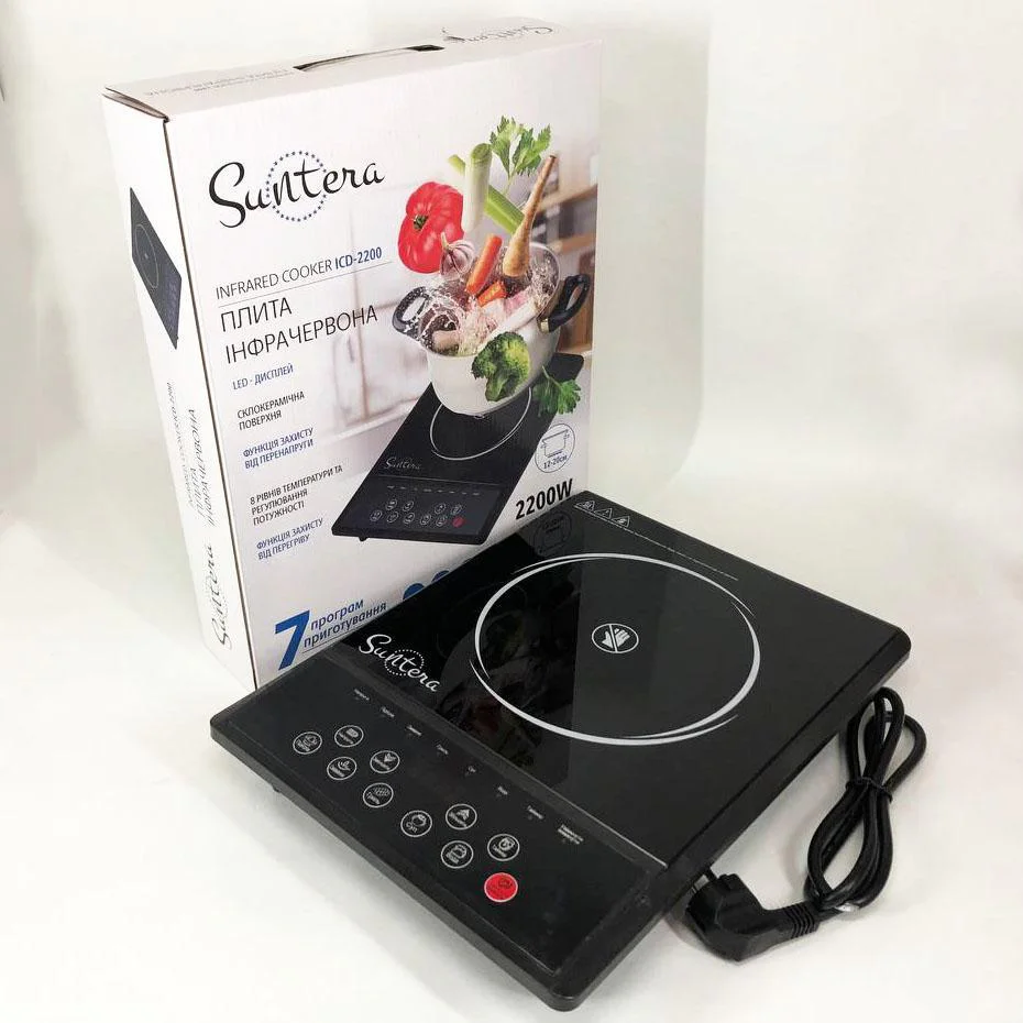 Плитка індукційна Suntera ICD-2200 з LED дисплеєм та склокерамічною поверхнею для зручного приготування їжі.