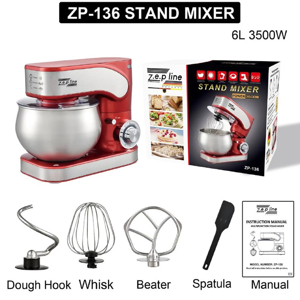 Тестоміс планетарний кухонний міксер 4 в 1 Zepline ZP-136, чаша 5 літрів, потужність 3500 Вт, нержавіюча сталь - Зображення 4