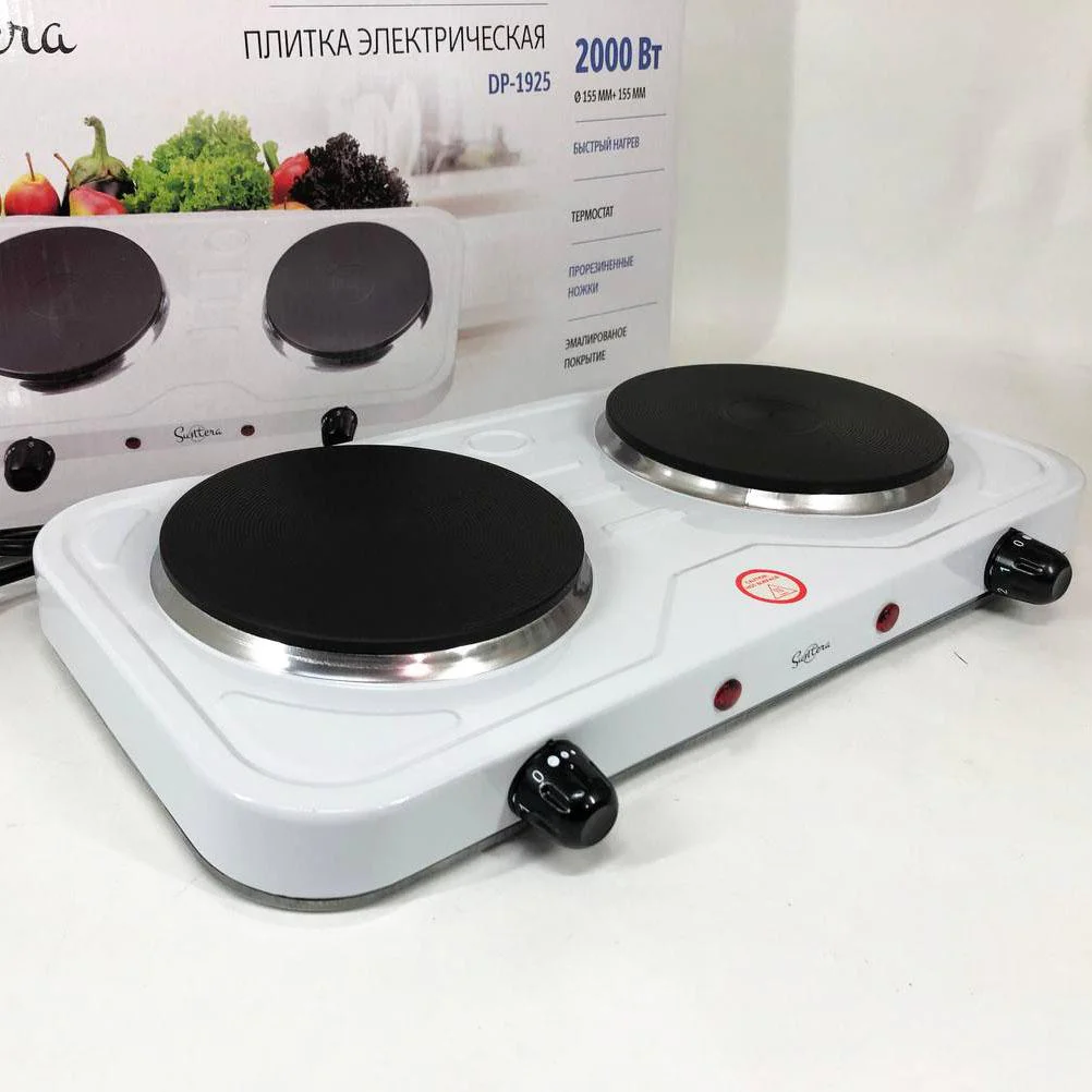 Плита електрична Suntera DP-1925 2000 Вт, компактна двоконфоркова для домашнього використання.