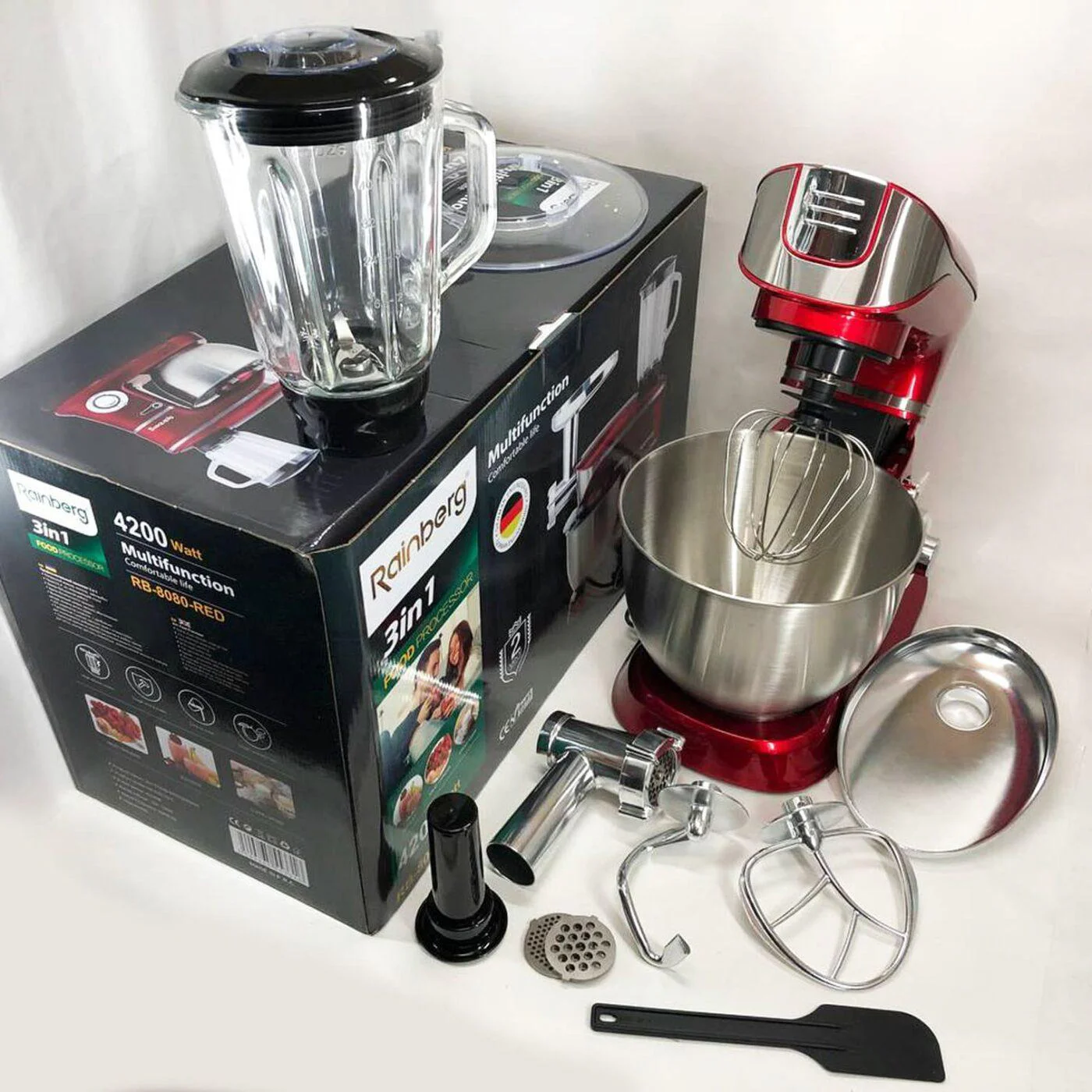 Багатофункціональний кухонний комбайн 3 в 1 Rainberg RB-8080, потужність 4200 Вт, тістоміс, м'ясорубка та блендер - Зображення 7