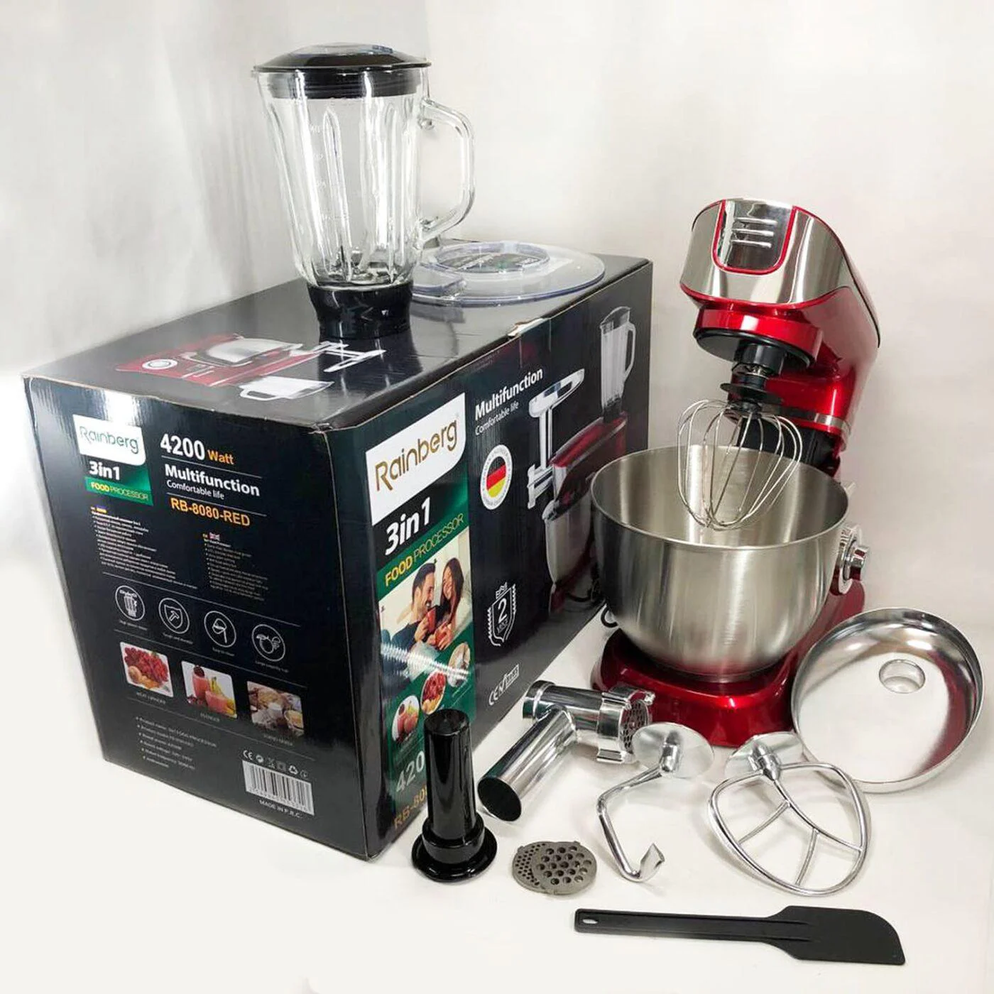 Багатофункціональний кухонний комбайн 3 в 1 Rainberg RB-8080, потужність 4200 Вт, тістоміс, м'ясорубка та блендер - Зображення 5