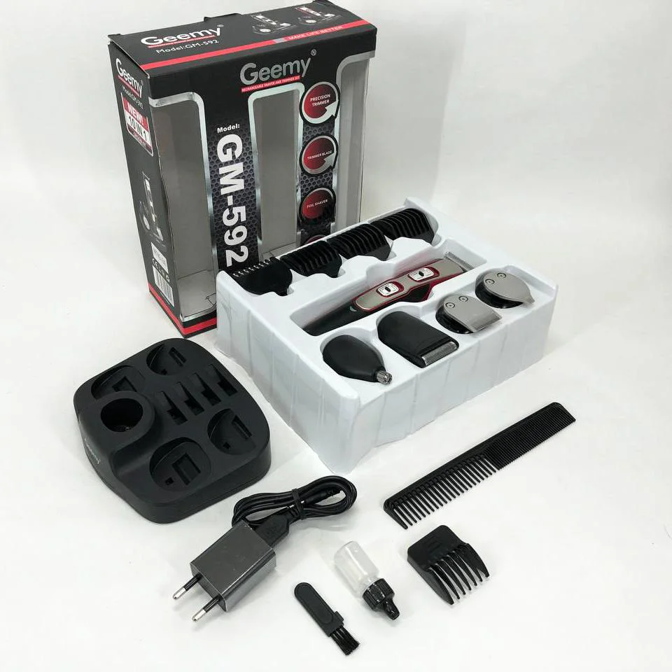 Набір для стрижки 10в1 Gemei GM-592 мультифункціональний тример з підставкою, машинка для стрижки бороди вус носа вух турборежим чорна - Зображення 9