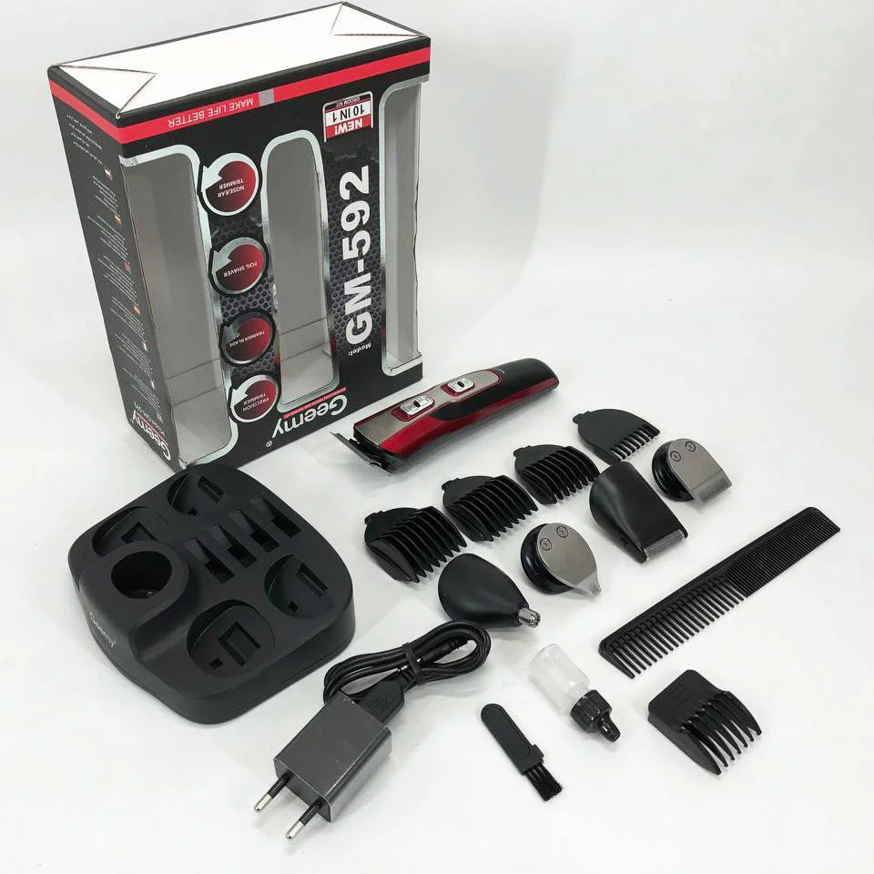 Набір для стрижки 10в1 Gemei GM-592 мультифункціональний тример з підставкою, машинка для стрижки бороди вус носа вух турборежим чорна - Зображення 10