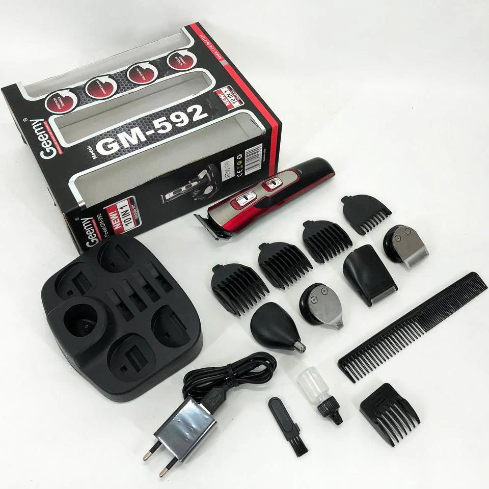 Набір для стрижки 10в1 Gemei GM-592 мультифункціональний тример з підставкою, машинка для стрижки бороди вус носа вух турборежим чорна - Зображення 12