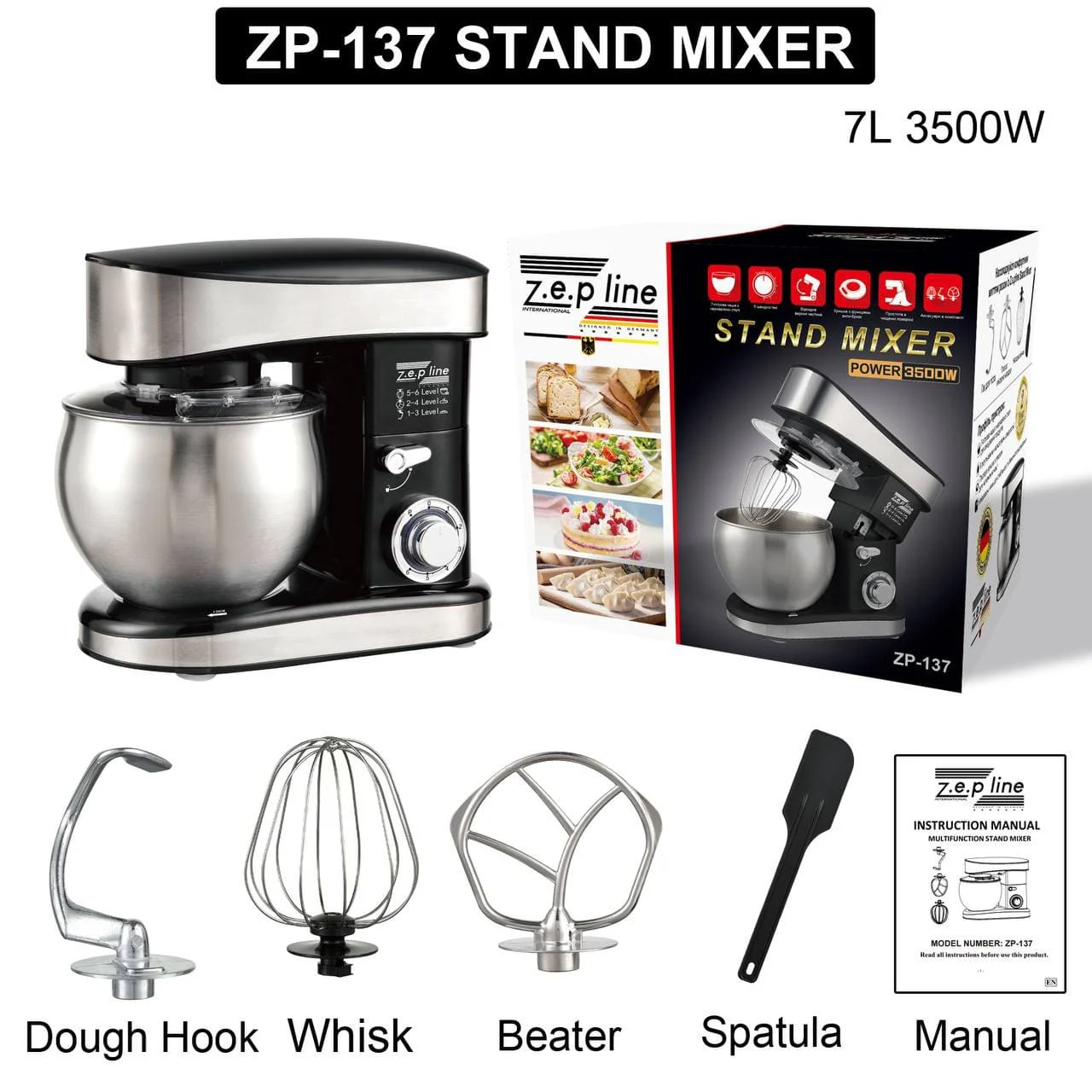 Тестоміс планетарний кухонний міксер Zepline ZP-137 чорний, потужність 3500 Вт, чаша 7 літрів, нержавіюча сталь - Зображення 3