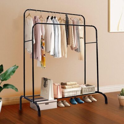 Подвійна стійка вішалка для одягу та полицею для взуття Double floor Hanger 110х150х57см з металу преміум-класу, чорна