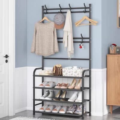 Залізна вішалка для одягу Multi-functional shoe and hat rack 2 в 1 чорна з 4 полицями для взуття