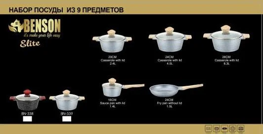 97856172528509_9ee7f7dbb1 Набір каструль Benson BN-339, 9 предметів, мраморне покриття, антипригарне.