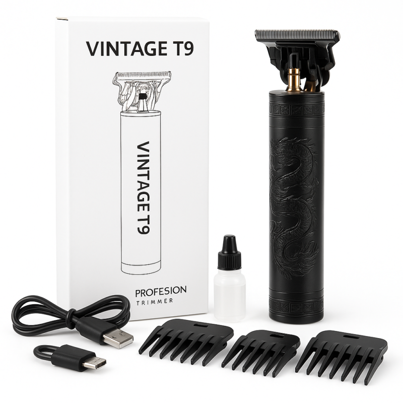 Машинка для стрижки волосся Vintage T9-2 BLACK — бездротовий тример з 4 насадками для ідеальної стрижки.