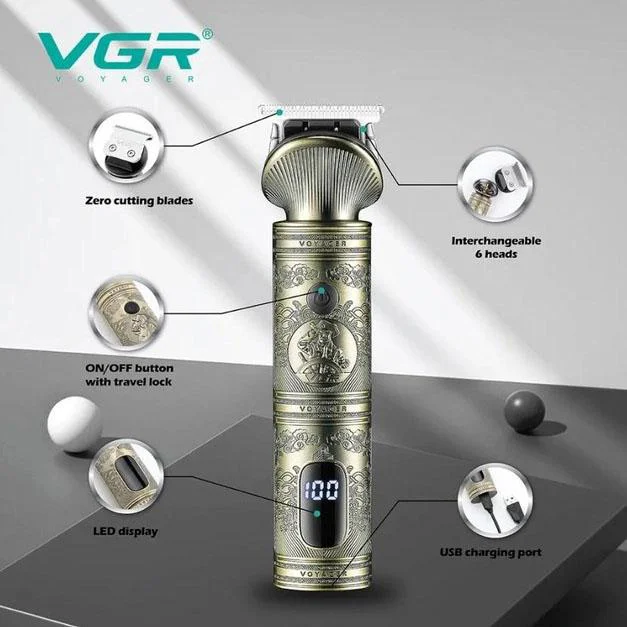VGR V-106 Професійний набір 6 в 1 для стрижки волосся та бороди з LED дисплеєм та 9 насадками