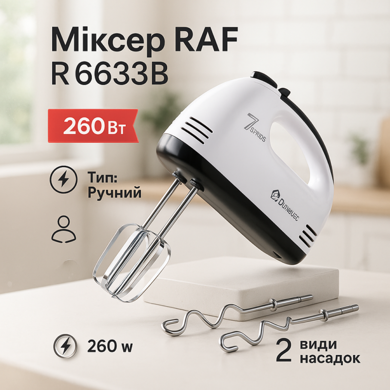Миксер ручной RAF R6633B 260Вт White — компактний та ефективний інструмент для приготування страв