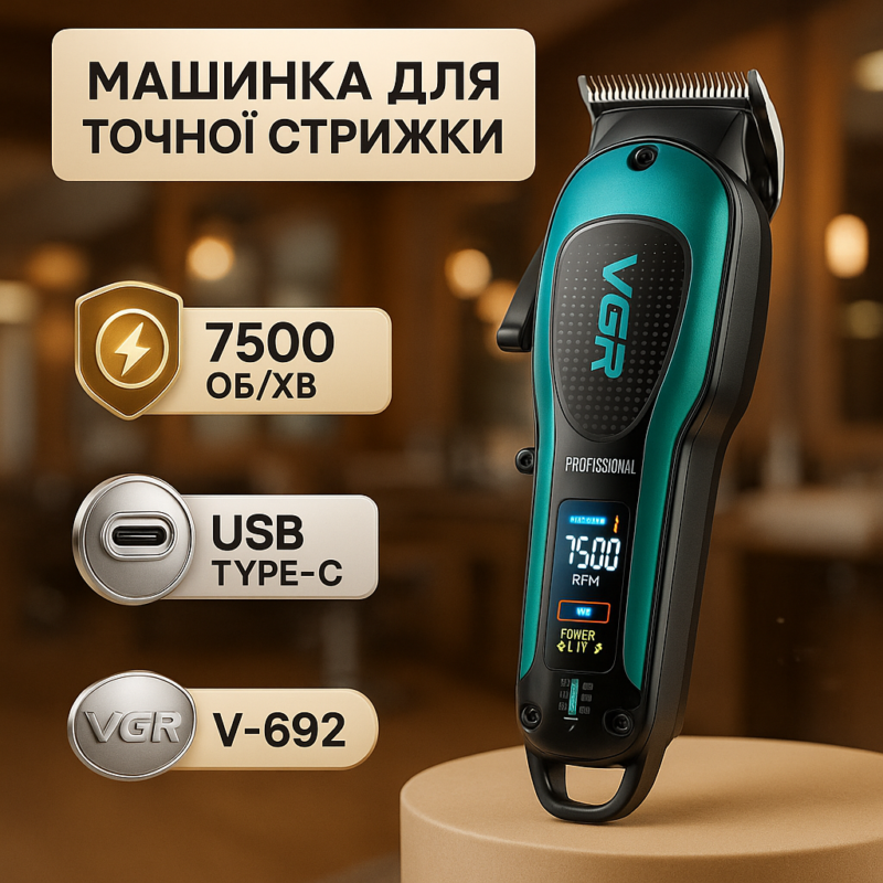 Акумуляторна машинка для стрижки VGR V-692 GREEN — бездоганність стрижки для дому та професіоналів.