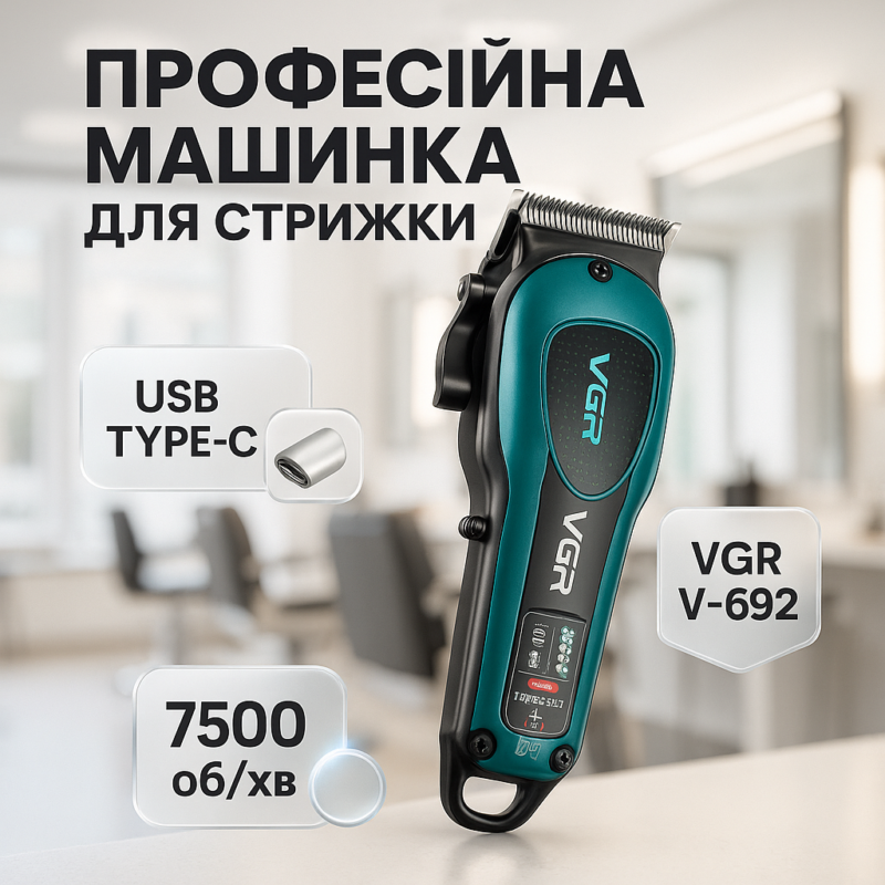 Акумуляторна машинка для стрижки VGR V-692 GREEN — бездоганність стрижки для дому та професіоналів.