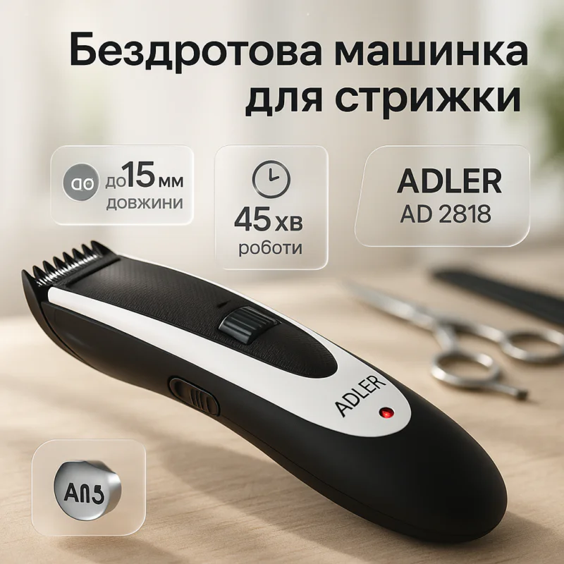 Бездротова стрижкова машинка Adler AD 2818 24 довжини стрижки 0.3-15 мм з нержавіючої сталі