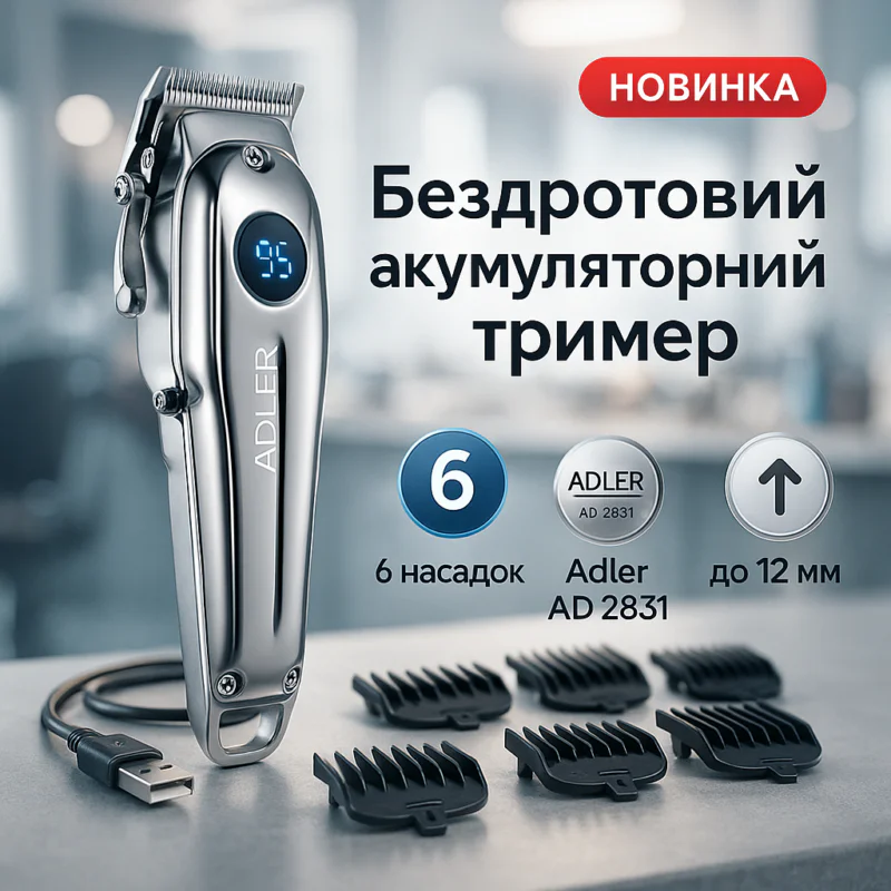 Adler AD 2831 Машинка для стрижки волосся до 3 годин автономної роботи, 6 насадок, керамічні леза.
