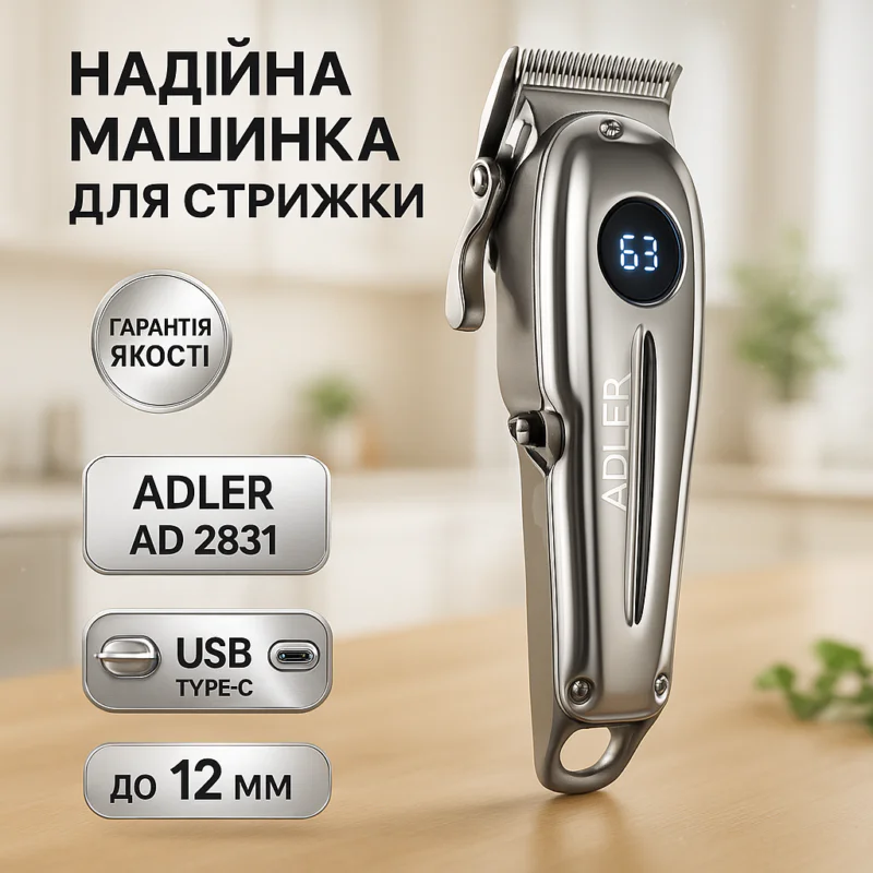 Adler AD 2831 Машинка для стрижки волосся до 3 годин автономної роботи, 6 насадок, керамічні леза.