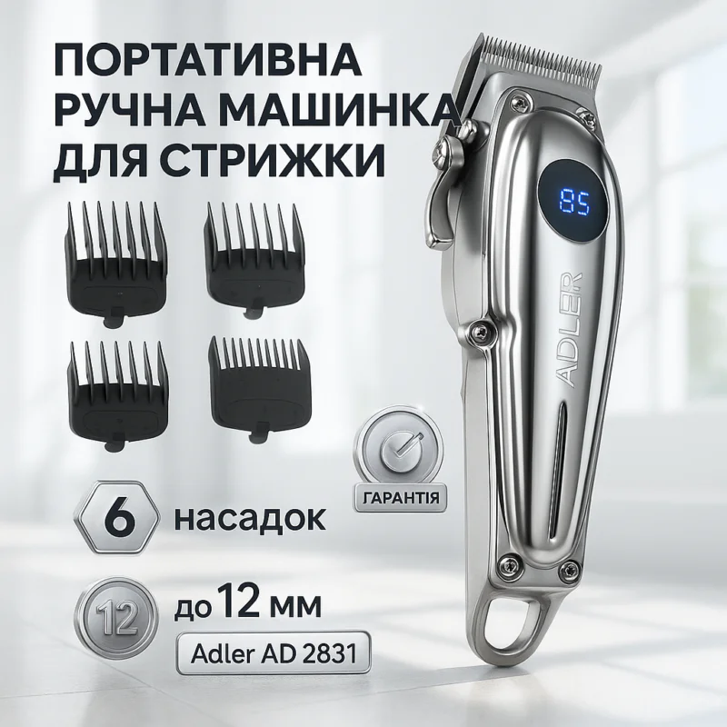 Adler AD 2831 Машинка для стрижки волосся до 3 годин автономної роботи, 6 насадок, керамічні леза.